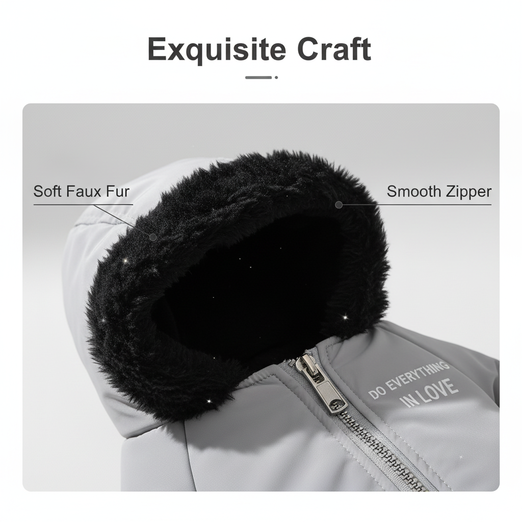 Warm Padded Dog Jacket with Fur Hood – “Do Everything in Love” Winter Pet Coat (S–XL)