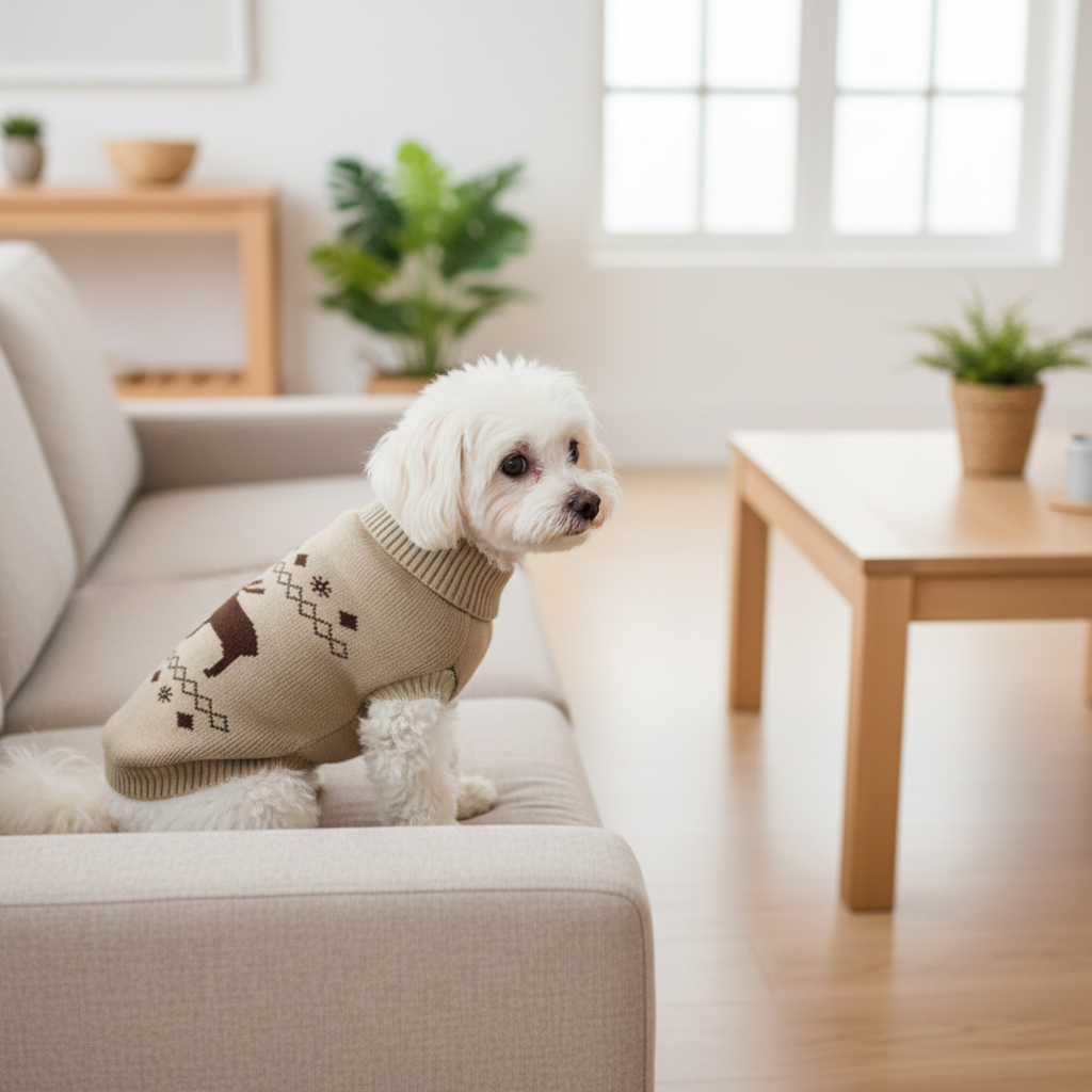 Winter Dog Sweater with Reindeer Pattern – Classic Knitted Pet Jumper (8–14 Inch)