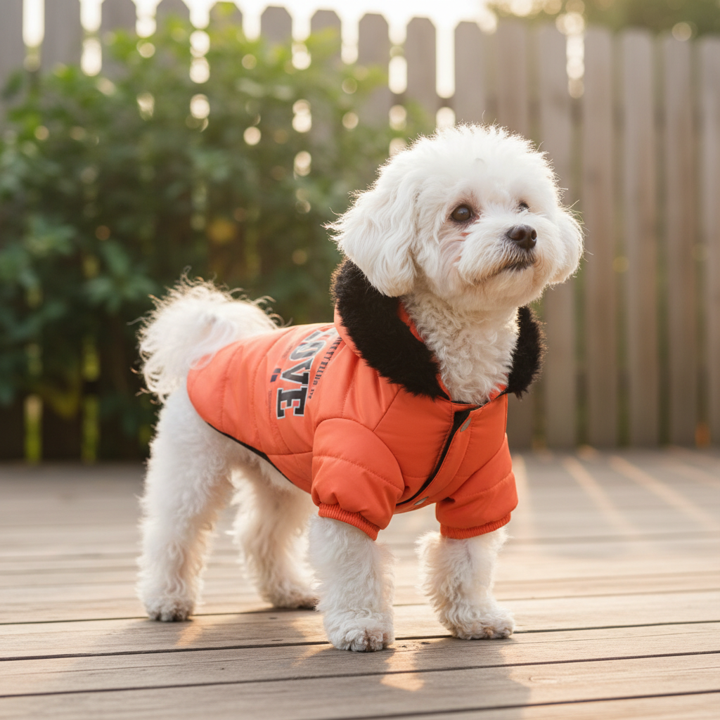Warm Padded Dog Jacket with Fur Hood – “Do Everything in Love” Winter Pet Coat (S–XL)