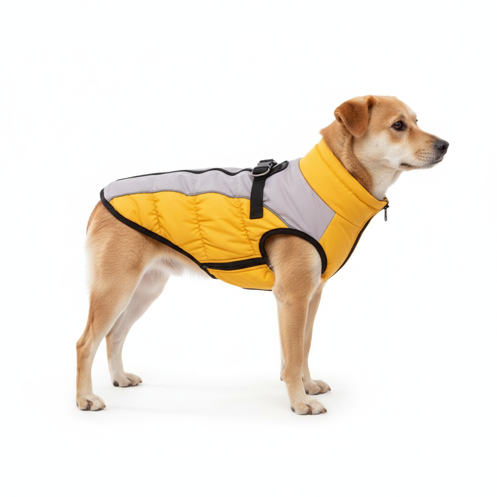 Color Block Padded Dog Jacket with Harness Ring – Winter Pet Coat (S–XL)