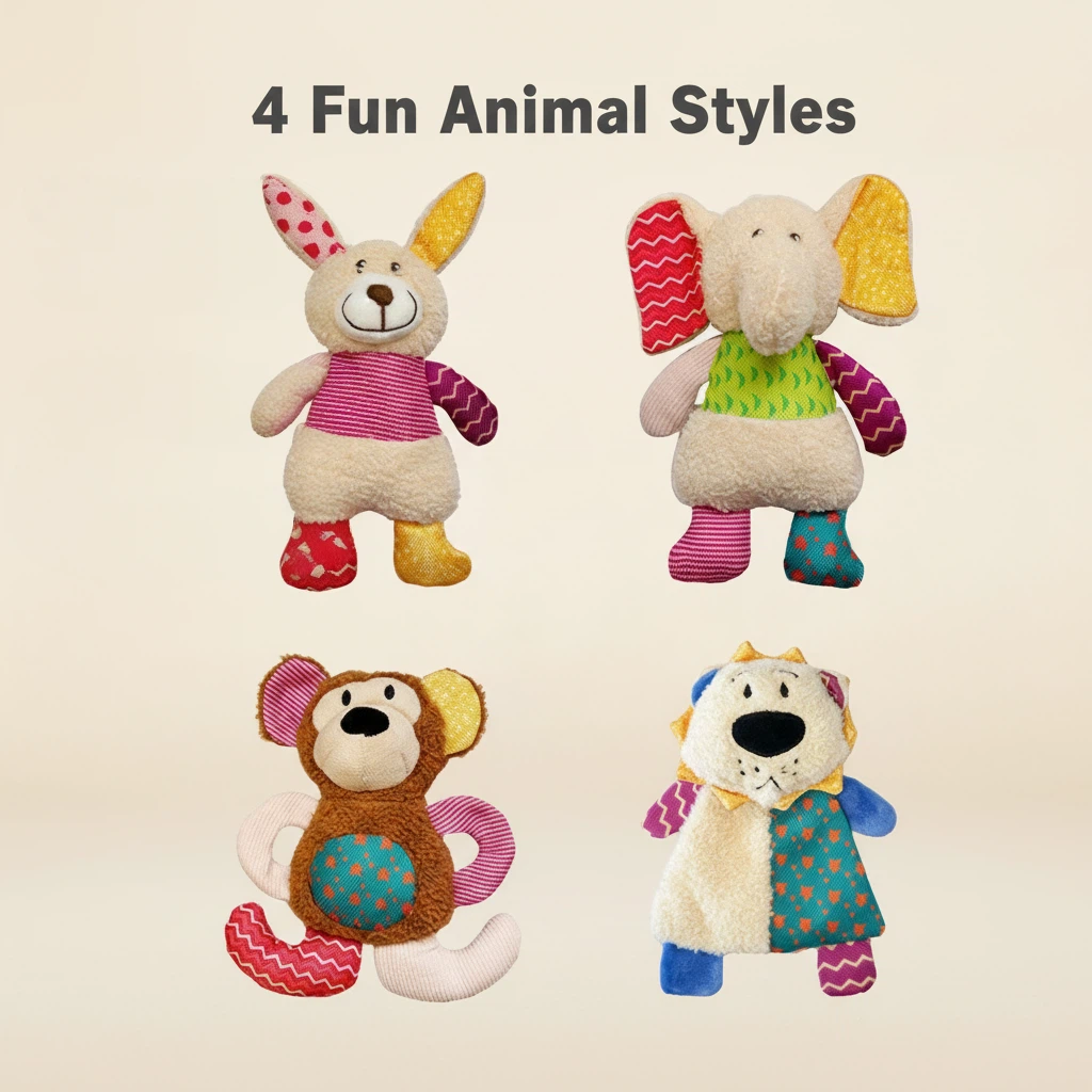 Plush Animal Dog Toy Set – Bunny, Elephant, Monkey & Lion (27 × 18 cm)