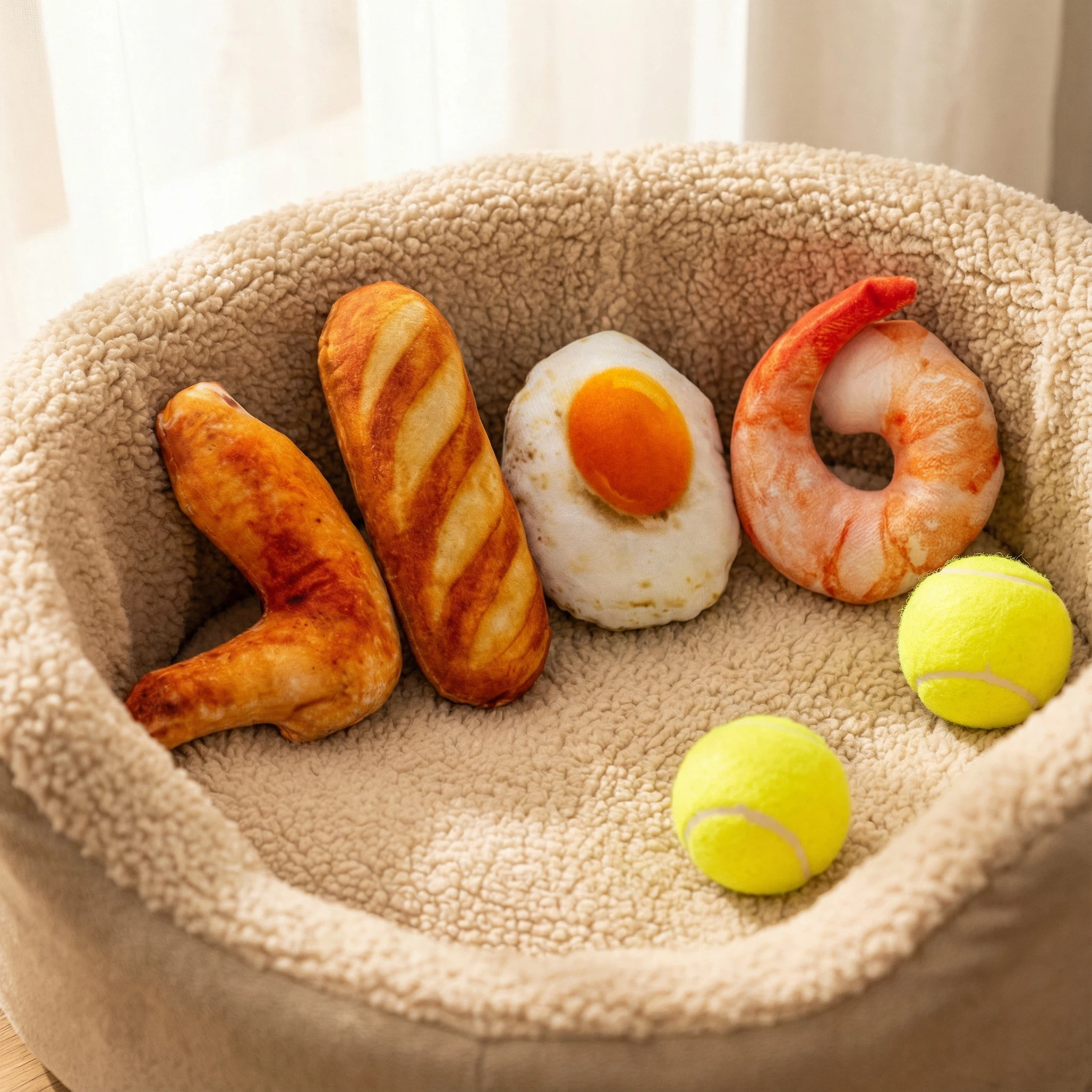 Plush Food-Shaped Dog Toy Set for Chewing and Interactive Play – Croissant, Bread, Fried Egg and Shrimp (Approx. 15 cm)