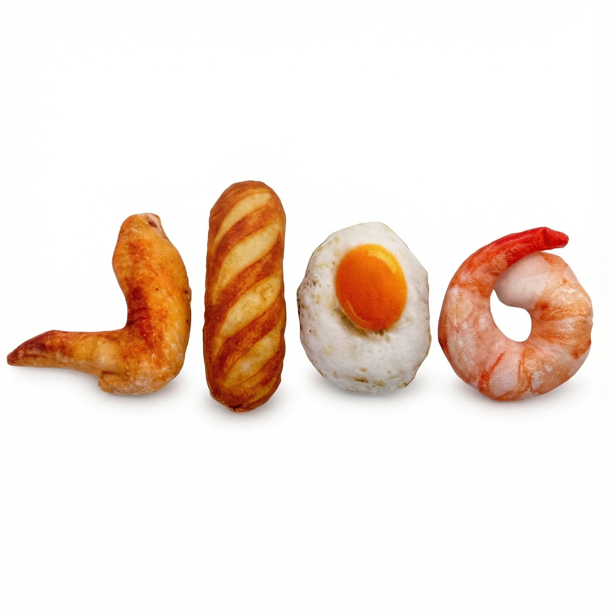 Plush Food-Shaped Dog Toy Set for Chewing and Interactive Play – Croissant, Bread, Fried Egg and Shrimp (Approx. 15 cm)