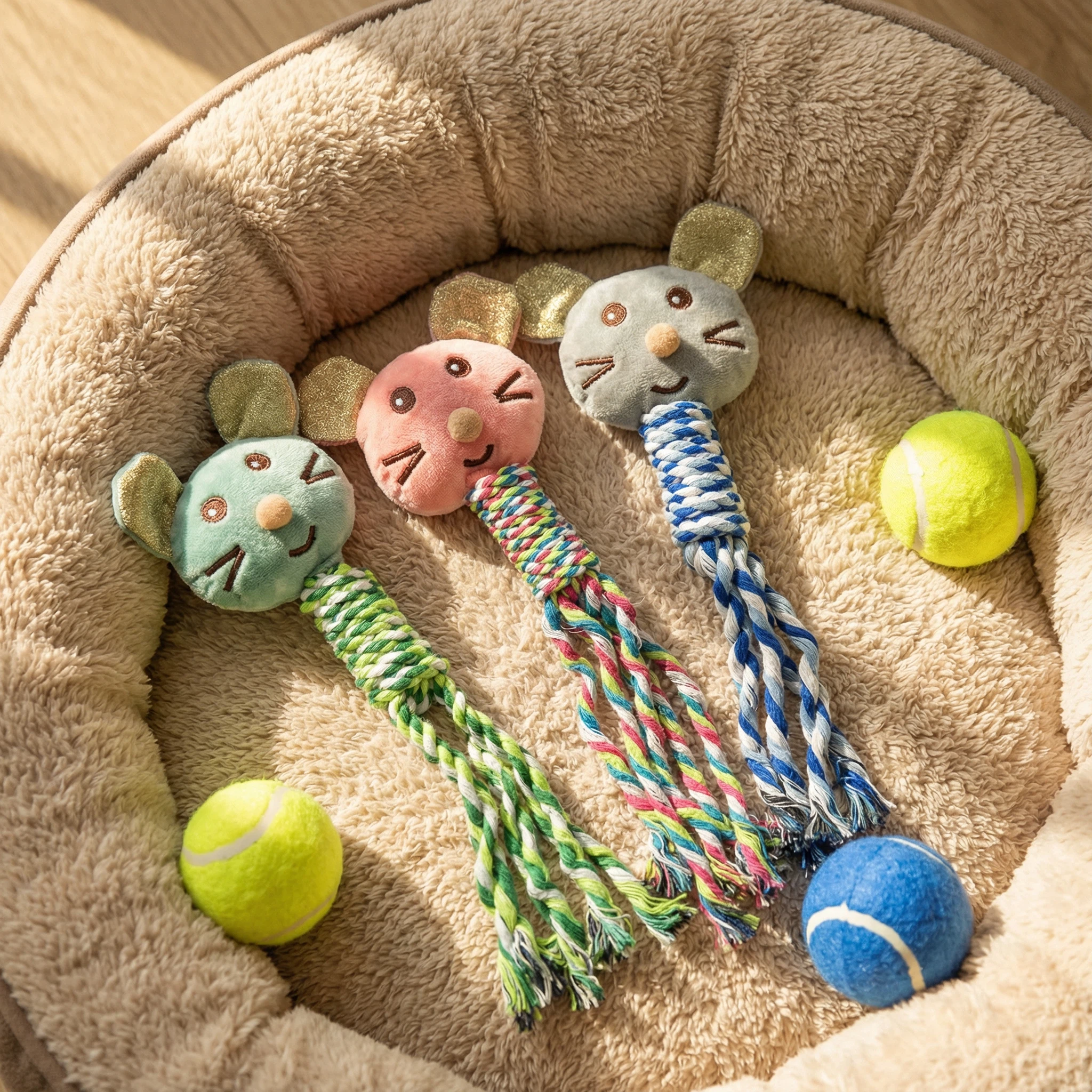 Plush Mouse Dog Toy with Braided Rope Tail for Chewing, Tugging and Interactive Play (Approx. 25 cm)