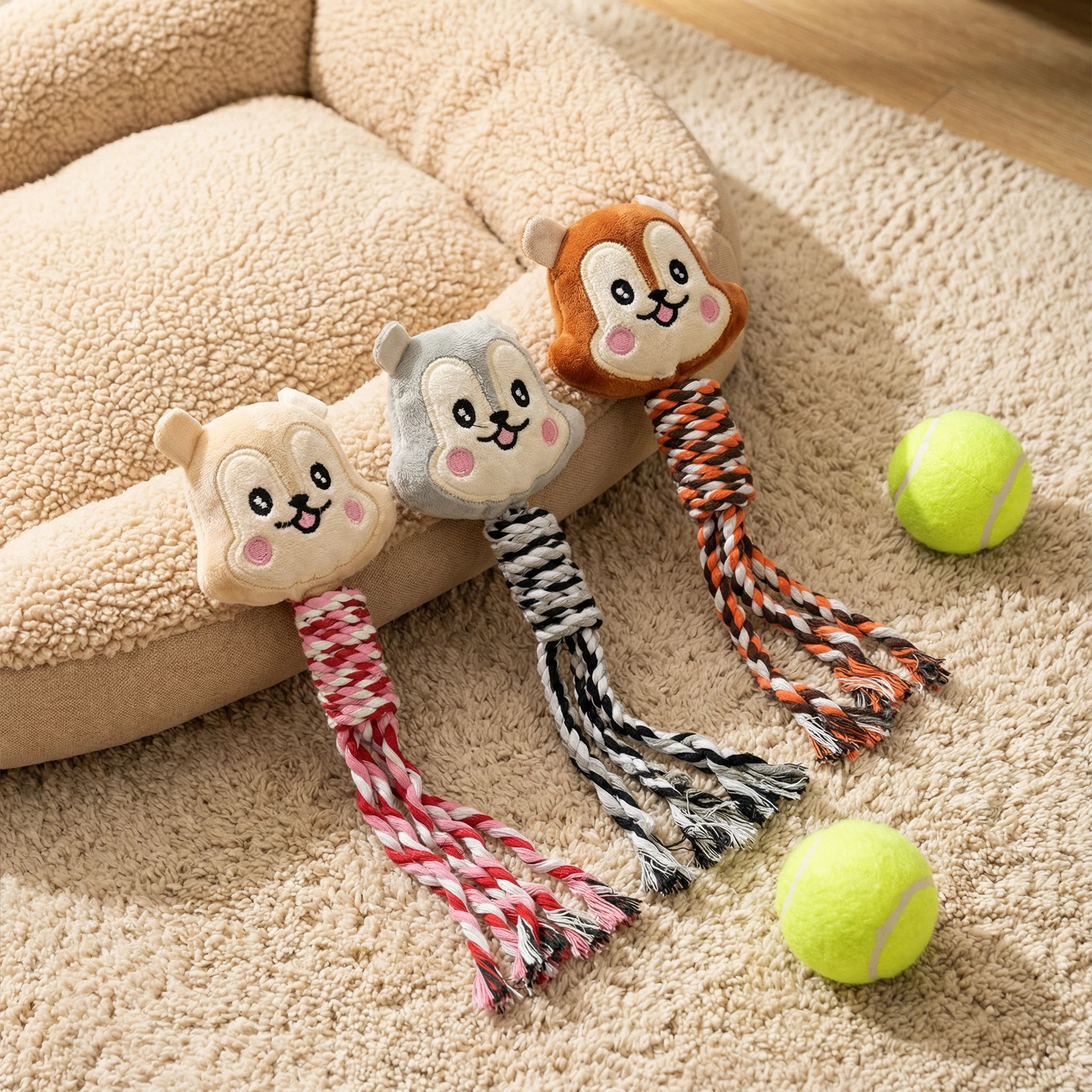 Plush Squirrel Dog Toy with Braided Rope Tail for Chewing, Tugging and Interactive Play (Approx. 25 cm)