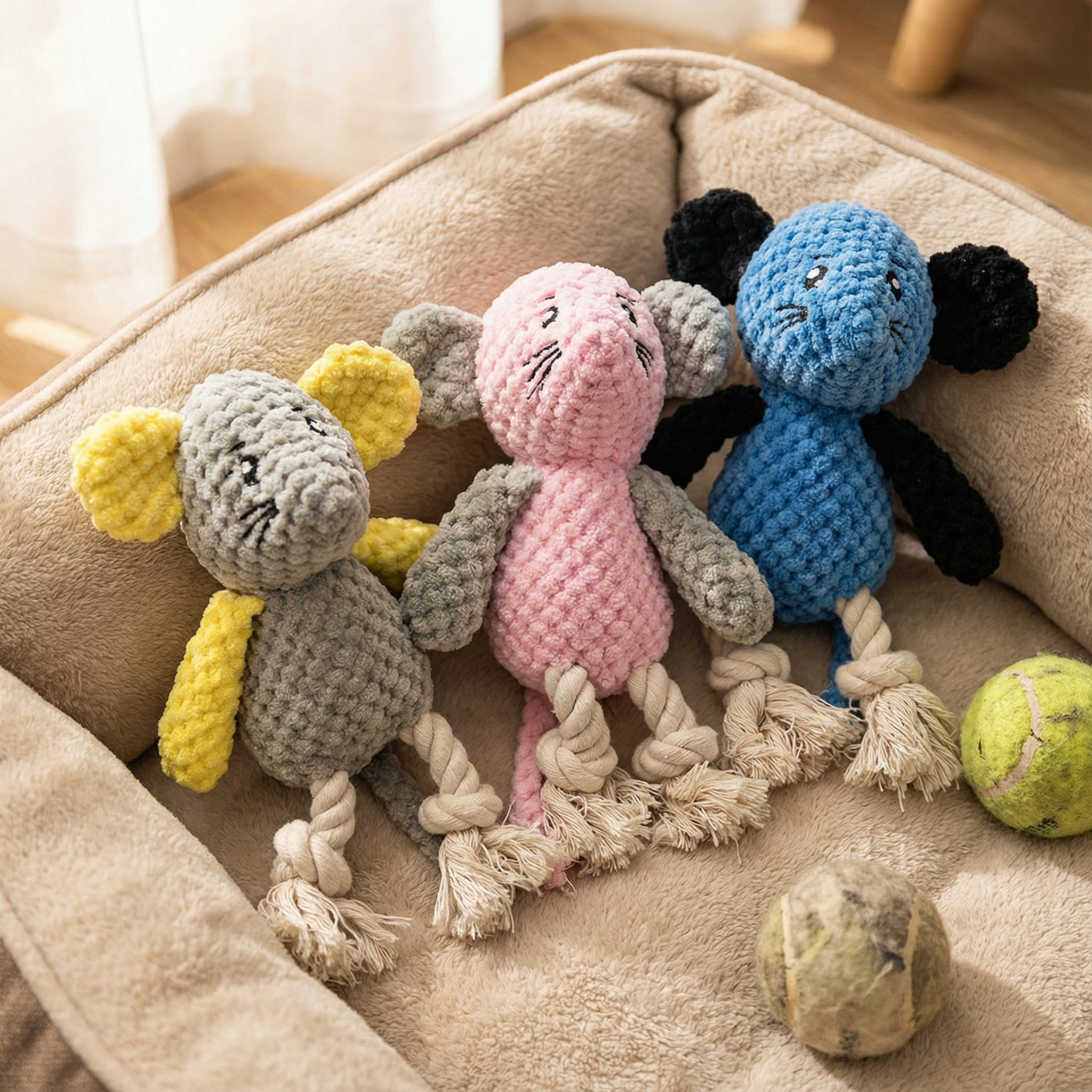 Plush Mouse Dog Toy with Knotted Rope Legs for Chewing, Tugging and Interactive Play (Approx. 28 cm)