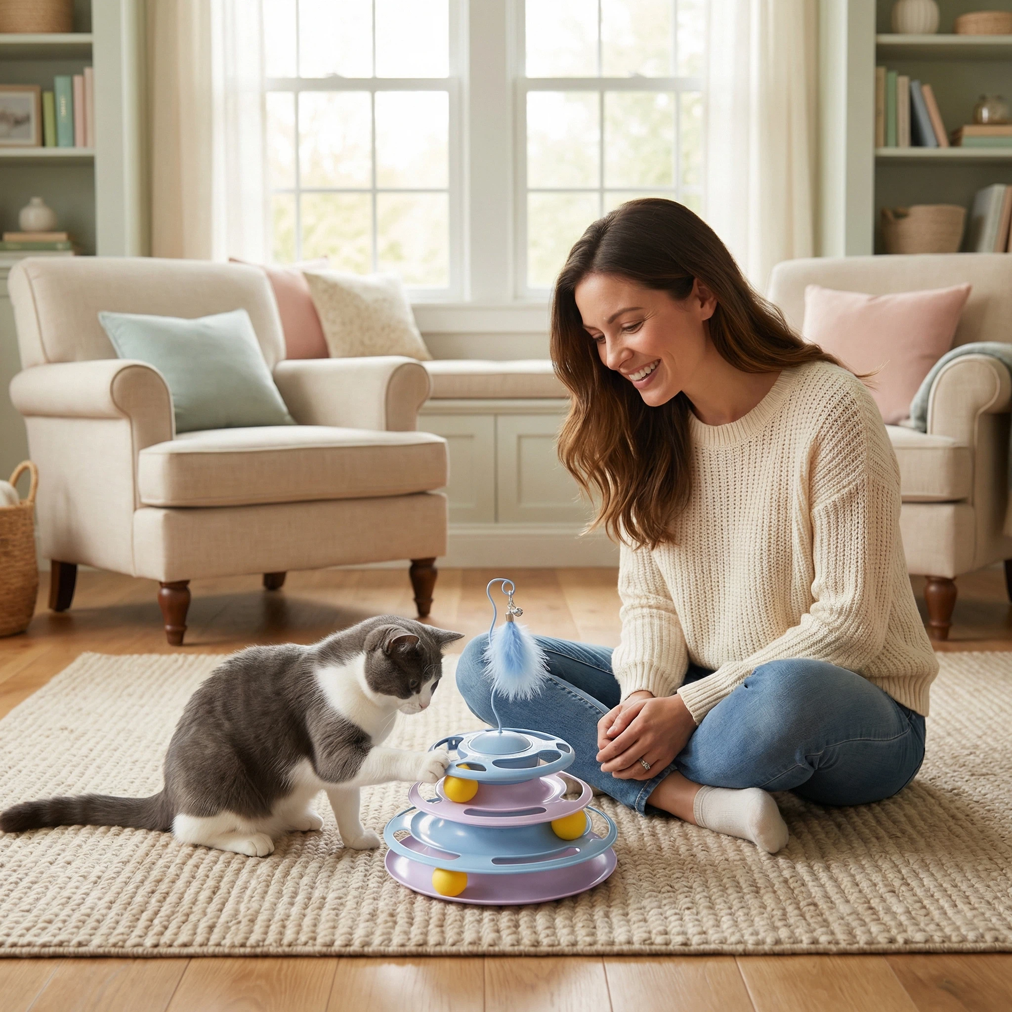 Interactive Cat Track Toy with Feather – Flying Disc Play Tower (24×30 cm)