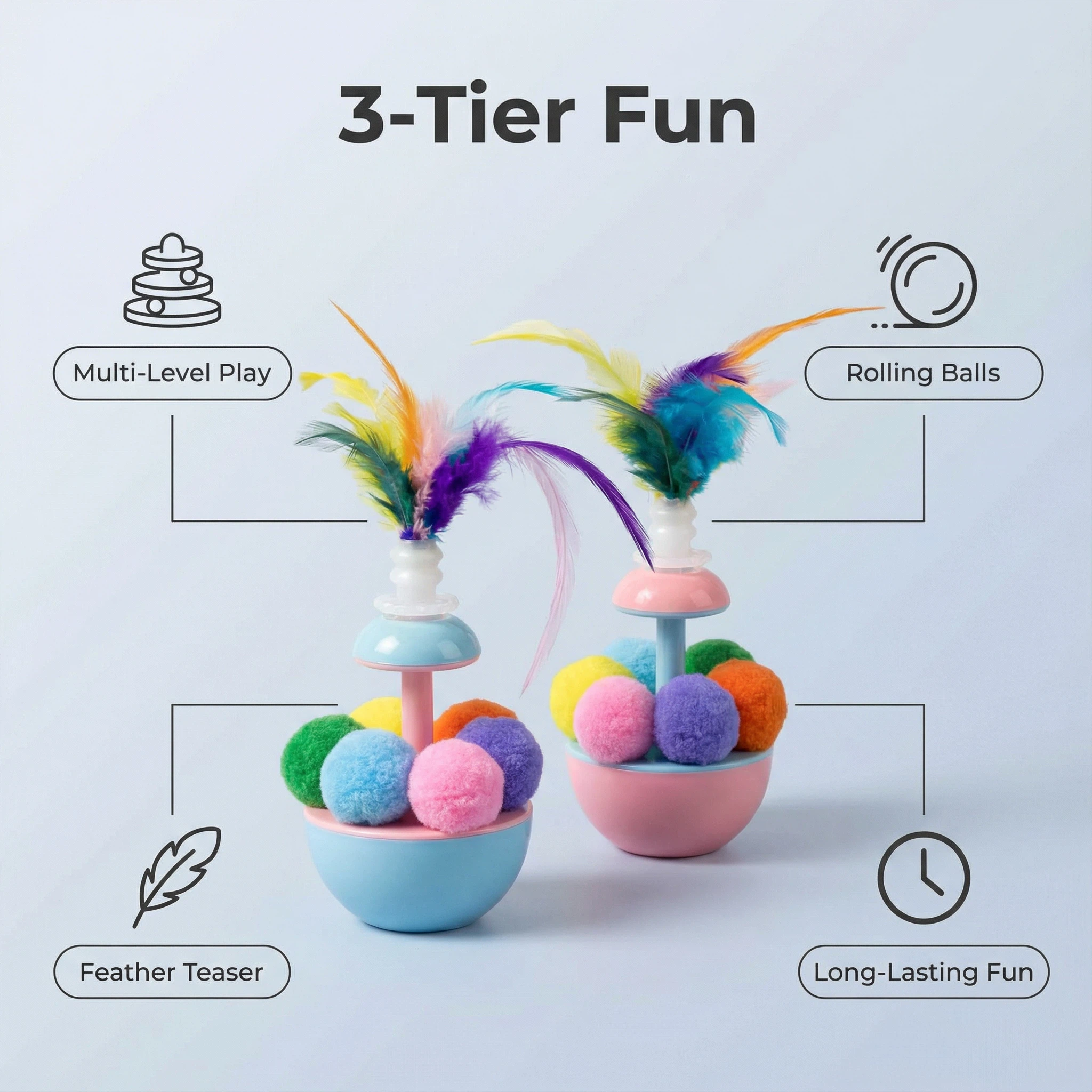 Interactive Cat Tumbler Toy with Feathers and Pom Balls (7×18 cm)