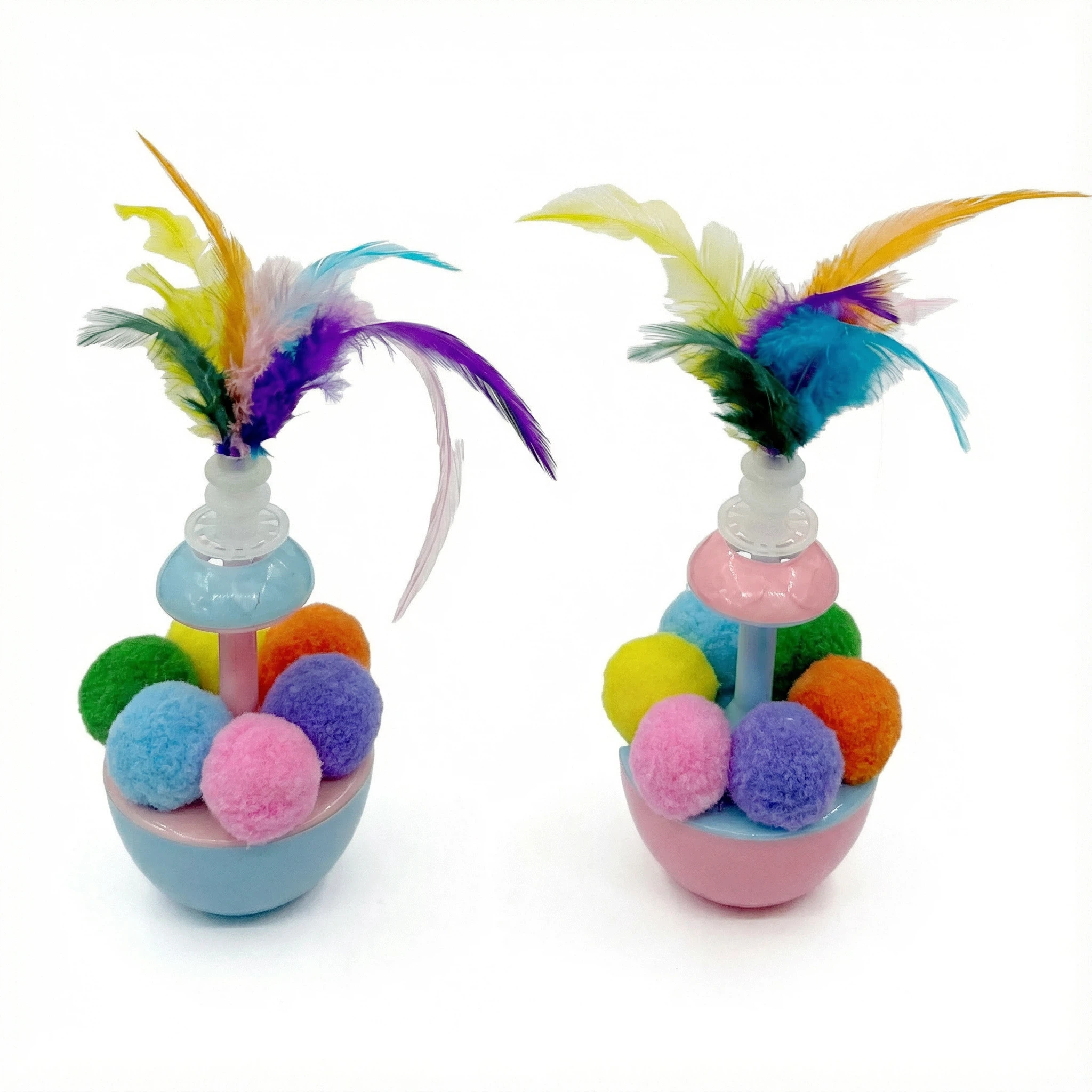 Interactive Cat Tumbler Toy with Feathers and Pom Balls (7×18 cm)