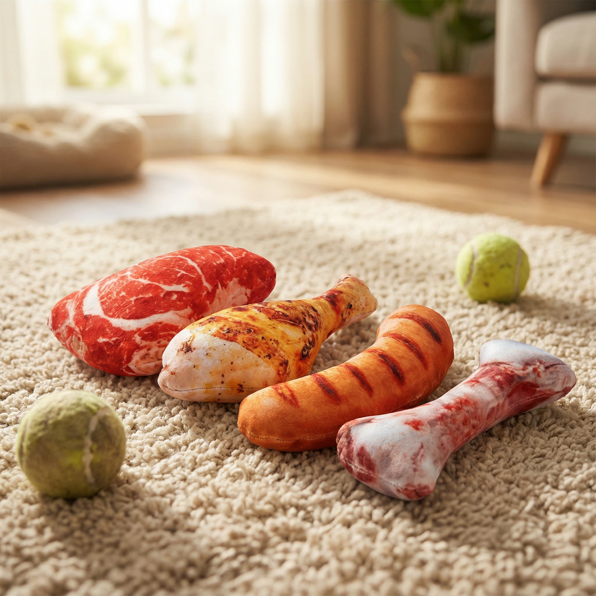 Plush Meat-Shaped Dog Toy for Chewing and Interactive Play – Steak, Chicken Leg, Sausage and Bone (Approx. 15 cm)