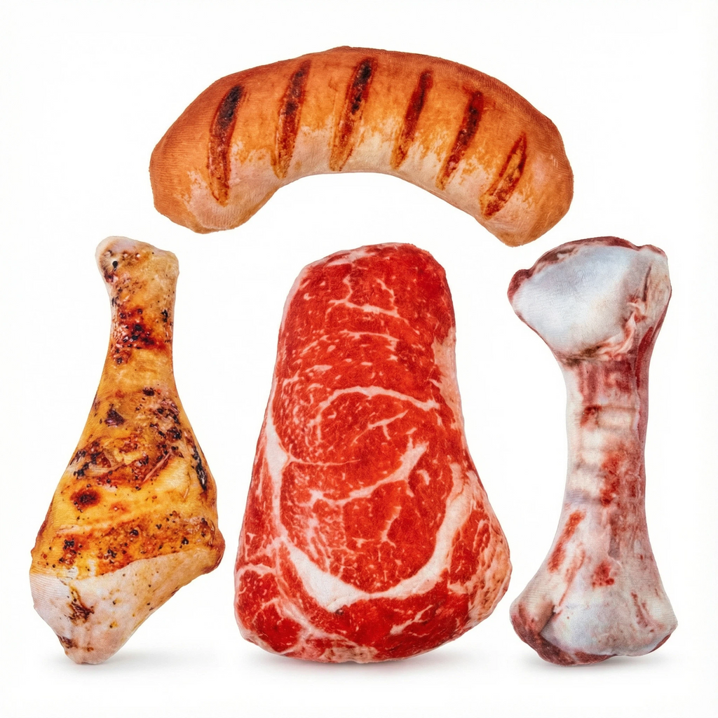 Pluszowa zabawka dla psa w kształcie mięsa do żucia i interaktywnej zabawy – stek, udko kurczaka, kiełbasa i kość (ok. 15 cm)