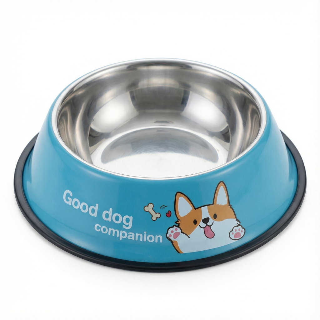 Stainless Steel Pet Food Bowl with Cartoon Print & Non-Slip Base