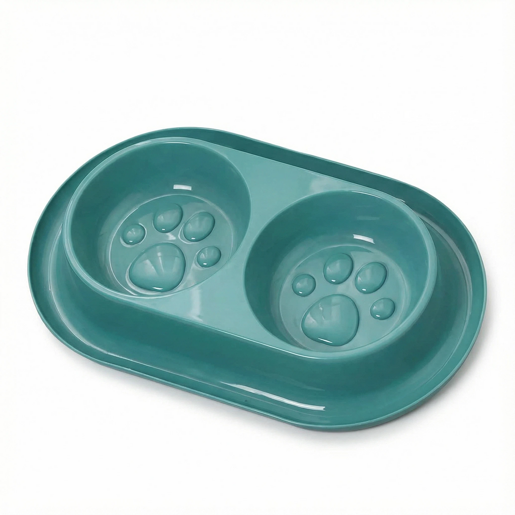 Double Pet Food Bowl with Paw Design – Food & Water Bowl for Dogs & Cats（35 × 21 × 5 cm）