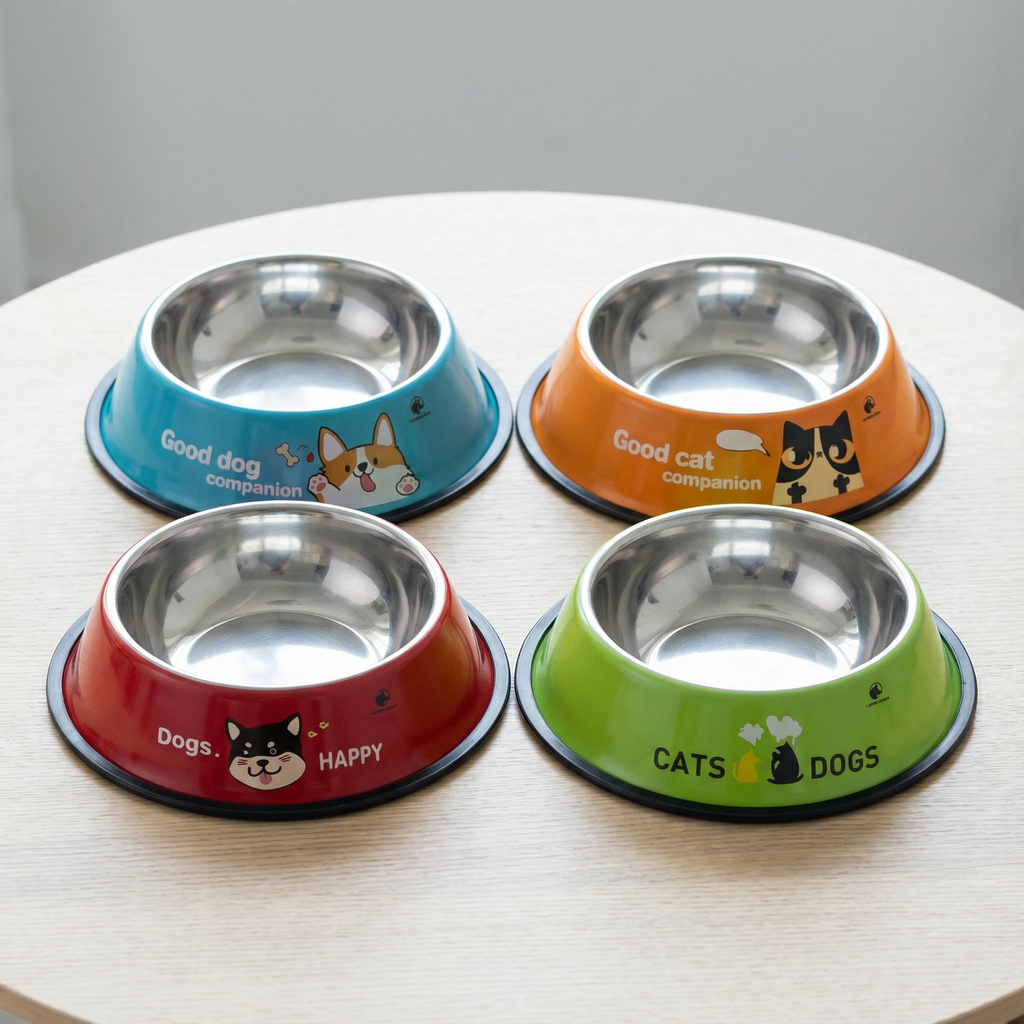 Stainless Steel Pet Food Bowl with Cartoon Print & Non-Slip Base